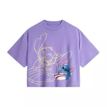 Li Ning X Disney Stitch Series круглый вырез свитер повседневный трикотажный спортивный короткий рукав с заниженной линией плеча футболка женские топы светло-фиолетовый ATSU162-2 M