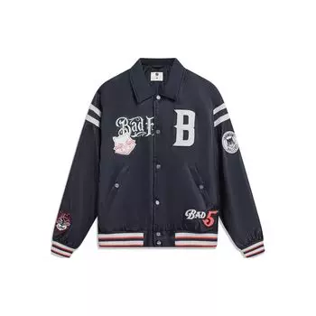 Li Ning X Mister Cartoon Collaboration Anti-Five Series American Vintage Letter Print Polo Neck Long Sleeve Flight Jacket Men jackets AJDT749-1 M