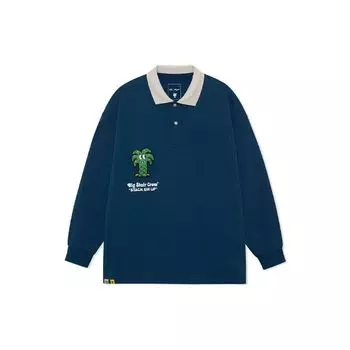 Li Ning X Steven Harrington Collaboration Cartoon Embroidered Loose Long Sleeve Polo Shirt Men tops Muted-Blue APLR259-2 2XL