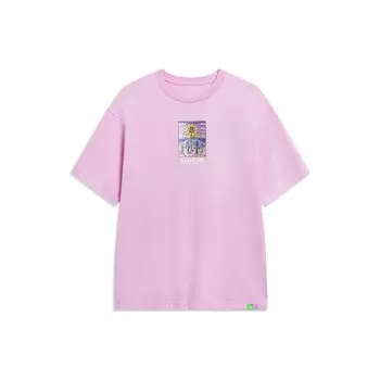 Li-Ning X Steven Harrington Logo Embroidered Letter Print Round Neck Short Sleeve Loose T-Shirt Unisex Tops Light-Lotus-Pink AHST093-1