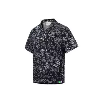 Li Ning X Steven Harrington Мультфильм Аниме Сплошной Принт Рубашка Свободная Мужская Рубашка с Коротким Рукавом Черные Рубашки ASHT017-1 S