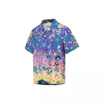 Li Ning X Steven Harrington Мультфильм Аниме Сплошной Принт Свободная Рубашка С Коротким Рукавом Мужские Рубашки Фиолетовый ASHT017-2 S