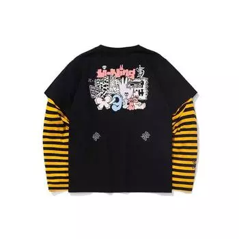Li Ning X X-Girl Collaboration Sports Fashion Series Полосатая свободная футболка с круглым вырезом и длинным рукавом, женские топы, черный цвет ATLQ118-2 XL