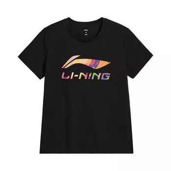Li Ning Женская футболка с круглым вырезом, свободного кроя, удобная, повседневная, с коротким рукавом, с принтом логотипа матери, черная AHSVA76-1 S
