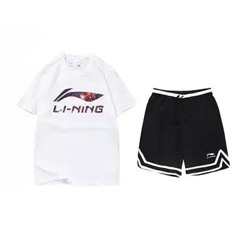 Li-Ning Звездный Логотип Письма Круглый Вырез Короткий Рукав Соревновательный В Полоску Средняя Посадка Шорты Пятиточки Повседневный Спортивный Костюм AHSS971-3+YAPV001-1 M