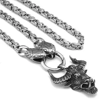 Личное ожерелье из нержавеющей стали в скандинавском стиле викингов со змеей Plequs в стиле панк, подвеска в виде головы быка, мужские ювелирные изделия из нержавеющей стали 90