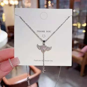 Личность дизайн чувство титан сталь ожерелье девушка розовый инкрустированный циркон романтический Купидон сердце любовь ключица цепочка серебряный