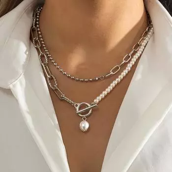 Личность Мода Жемчужина Кулон Длинная Цепочка Ожерелье Поп Пара Панк Кольцо Дизайн Темперамент Праздничная Вечеринка Подарочные Аксессуары