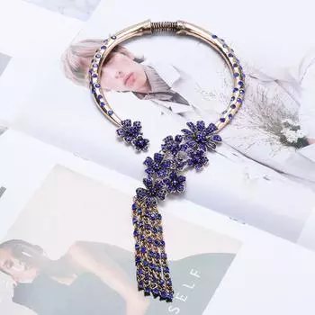 личность: Винтажный сплав чокер, синие стразы, преувеличенный аксессуар для ожерелья, длинная ключичная цепочка, ожерелье с кисточками