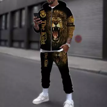 Личность животных крутой лев с 3D принтом по всей поверхности спортивные костюмы мужские модные брюки с капюшоном на молнии комплект из 2 предметов спортивные костюмы 4XL