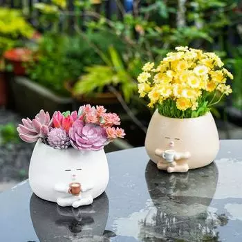 Лицо, кашпо, смола, мультяшный пьющий кофе, цветочный горшок, сидящая фигурка, суккулентное кашпо хаки