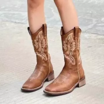 Лидер продаж 2024 года, женская обувь, женские ботинки с рукавами, весенне-осенние однотонные ботинки в стиле вестерн на низком каблуке с квадратным носком, Zapatos 35 коричневый