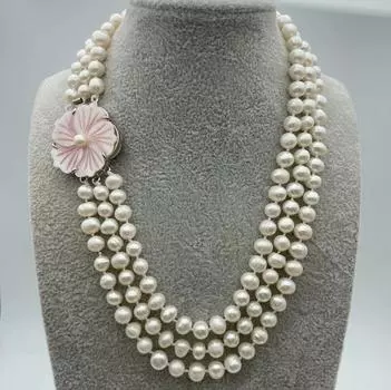 Лидер продаж, 3-рядное ожерелье из натуральной жемчужной ракушки с цветочной застежкой диаметром 7-8 мм
