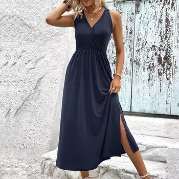 Лидер продаж, длинное платье с воротничком, летняя женская одежда с лифом, разрезом, V-образным вырезом, повседневные платья S чёрный