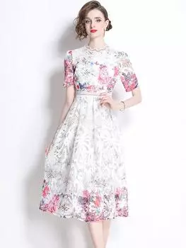 Лидер продаж, кружевные летние платья, женское элегантное тонкое платье миди с коротким рукавом и цветочным принтом, женское платье миди M розовый