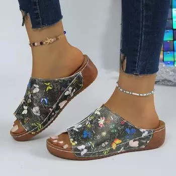 Лидер продаж, летние женские тапочки, модные женские тапочки с открытым носком и принтом на плоской подошве, большие размеры, римские женские тапочки на среднем каблуке 43