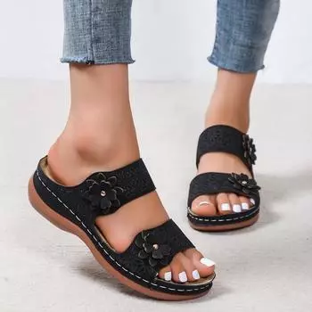 Лидер продаж, летние женские тапочки с цветочным декором, большие размеры, повседневные удобные однотонные женские тапочки на танкетке на толстой подошве 36