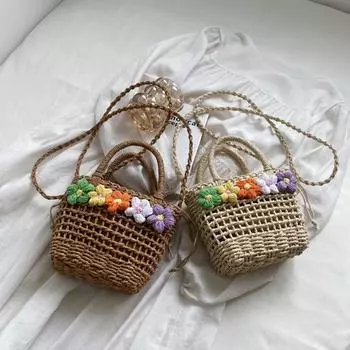 Лидер продаж, новая соломенная женская сумка, летняя модная тканая сумка с цветочным принтом, сумка из бумажной веревки, полая повседневная сумка на плечо 20x8x15cm бежевый