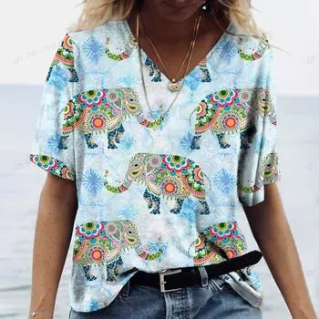 Лидер продаж по всему миру, новая повседневная одежда в стиле Харадзюку, рубашка с рисунком слона, женская летняя удобная и дышащая женская футболка с v-образным вырезом XS