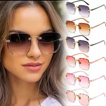 Лидер продаж, популярные горячие продажи, очки без оправы, классические градиентные модные солнцезащитные очки, женские безрамные винтажные высококачественные женские зеркальные очки в стиле ретро, квадратные темно-коричневого