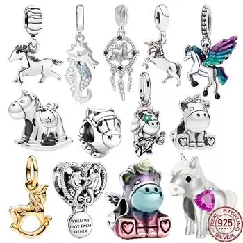 Лидер продаж S925 стерлингового серебра троянские игрушки Единорог морской конек лошадь висячие подвески из бисера подходят оригинальный браслет DIY ювелирные изделия подарок
