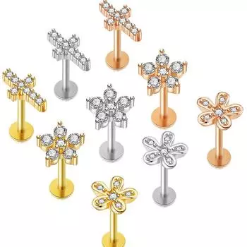 Лидер продаж, серьги с крестом и раковиной, кристалл, плоский цветок, нос, ухо, козелок, пирсинг, серьги, хрящ, спираль, 1 шт., губная серьга-гвоздик, украшения для тела, ладья для губ 1.2*8mm