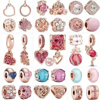 Лидер продаж, серия из розового золота, розовый циркон, листья, кулон в форме сердца, сверкающий зажим, бусина, подходит для браслета, DIY S925, серебряные украшения