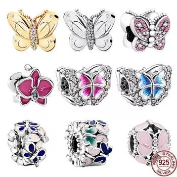 Лидер продаж, стерлинговое серебро S925, сверкающие синие, розовые, золотые бусины-бабочки, ювелирные изделия своими руками для женщин, подходят для оригинального браслета
