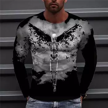 Лидер продаж в Европе и Америке, новая персонализированная футболка с круглым вырезом и 3D-цифровым принтом черепа, мужская футболка с длинными рукавами S