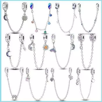 Лидер продаж, защитная цепочка из стерлингового серебра 925 пробы, защитная цепочка с изображением Солнца, Луны и звезд, подходит для браслета Pandora, изысканных женских модных ювелирных изделий