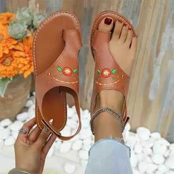 Лидер продаж, женская летняя обувь, женские римские сандалии с вышивкой в этническом стиле, женские сандалии на плоской подошве с открытым носком и пряжкой 36