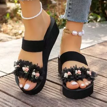 Лидер продаж, женские летние однотонные нескользящие тапочки на танкетке с открытым носком, большие размеры, повседневные удобные тапочки для женщин 36