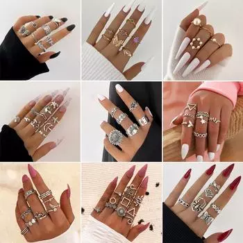 Лидер продаж, женское винтажное кольцо в стиле бохо с цветком, лунная звезда, новые ювелирные аксессуары, богемный комплект колец на костяшки пальцев, женский