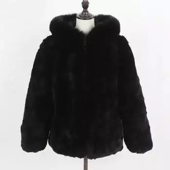 Лидер продаж, женское зимнее толстое пальто с капюшоном из 100% натурального меха кролика рекс, женские теплые куртки с воротником из лисьего меха кролика рекс S чёрный