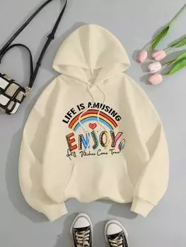Life Is Amusing Enjoy Letter Graphic Женская толстовка Осенняя флисовая теплая повседневная толстовка с капюшоном Осенние толстовки с капюшоном Спортивная одежда больших размеров S