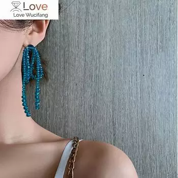 Lifefontier Синие прозрачные хрустальные бусины Длинные серьги-кисточки для женщин Геометрические серьги-банты Корейские украшения