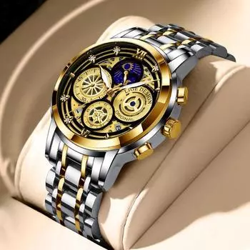 LIGE 2022 Новые Роскошные Мужские Часы Роскошные Золотые Мужские Спортивные Часы Из Нержавеющей Стали Мода Полый Календарь Водонепроницаемый Хронограф