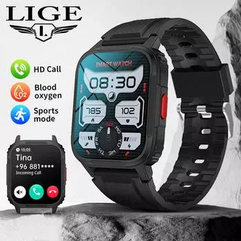 LIGE 2024 Новые Bluetooth Смарт-часы 1,95 HD Квадратный Экран Магнитная Зарядка Смарт-Браслет Отслеживание Здоровья Спортивные Водонепроницаемые Смарт-Часы Подарок silicone strap чёрный