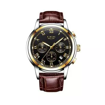 LIGE 9810L Часы для отдыха, моды, бизнеса, водонепроницаемые, с ремешком, многофункциональные, светящиеся, золотые, черные, мужские