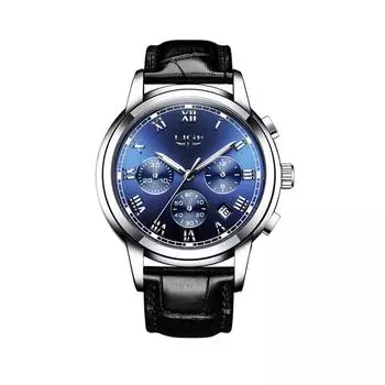 LIGE 9810L Мужские часы для отдыха, моды, бизнеса, водонепроницаемые часы с датой, спортивные коричневые кожаные часы (Серебристо-синий), Серебристо-голубой, кварцевый механизм.
