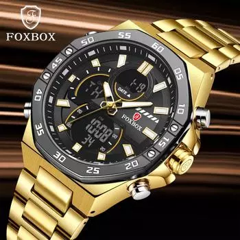 LIGE Лидирующий бренд FOXBOX 2024 Новые полностью стальные мужские часы с цифровым двойным дисплеем, ночником, водонепроницаемые кварцевые часы золотой/чёрный