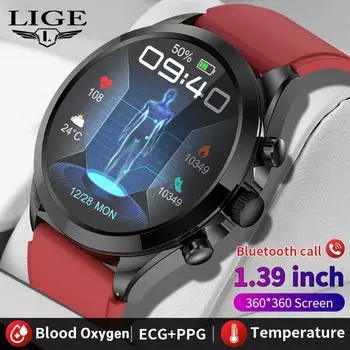 LIGE Лучший бренд для мужчин Смарт-часы ЭКГ + PPG Обнаружение здоровья Силиконовый ремешок Смарт-браслет Bluetooth Вызов Спорт Фитнес Водонепроницаемые Смарт-часы Silicone strap чёрный