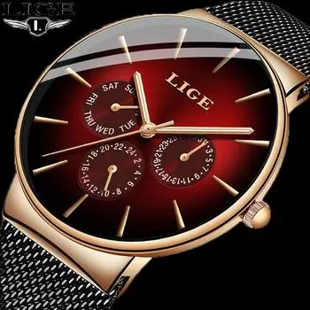 LIGE Men Quartz, модный бренд, роскошная сетка, водонепроницаемая, ультратонкая нержавеющая сталь, подарок для мужчин золотой/зелёный