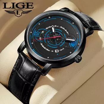 LIGE Модные часы Спортивные кварцевые часы для отдыха с кожаным ремешком Календарь Шестерни Креативный дизайн Часы Водонепроницаемые мужские часы