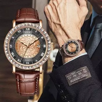 LIGE модные креативные часы лучший бренд класса люкс мужские кварцевые часы деловые кожаные часы водонепроницаемые часы с временным кодом коричневый/золотой
