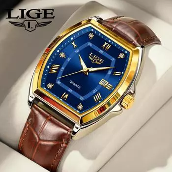 LIGE Мужские часы Роскошные Оригинальные Топ Бренд Кожа Водонепроницаемые Светящиеся Бриллиантовый Циферблат Дата Мужские Кварцевые Часы золотой/коричневый