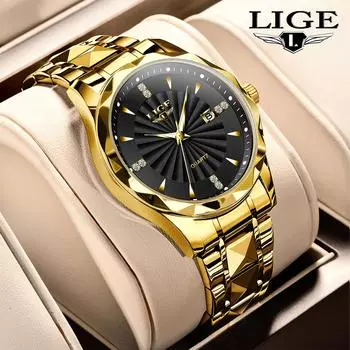 LIGE Мужские часы Лучший бренд класса люкс полностью стальные светящиеся водонепроницаемые мужские кварцевые часы чёрный/золотой