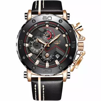 LIGE Мужские часы с кожаным ремешком, черные, стандартные мужские часы LG9899A