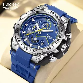 LIGE Мужские часы с многофункциональным дополнительным циферблатом и силиконовым ремешком Мужские кварцевые часы чёрный/серебряный