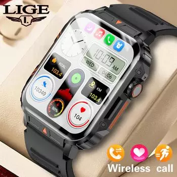 LIGE мужские умные часы в стиле милитари для спорта на открытом воздухе водонепроницаемые фитнес-часы 1,95 дюйма с большим экраном Bluetooth-вызов умный браслет для Android IOS Silicone strap чёрный